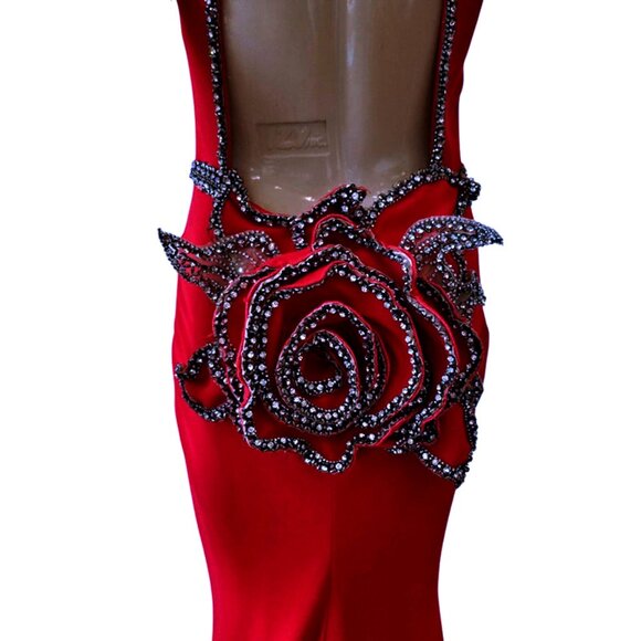 TARIK EDIZ 92607 Beaded 3-D Flower Back RED Dress Size 40/US 8 - Picture 10 of 14